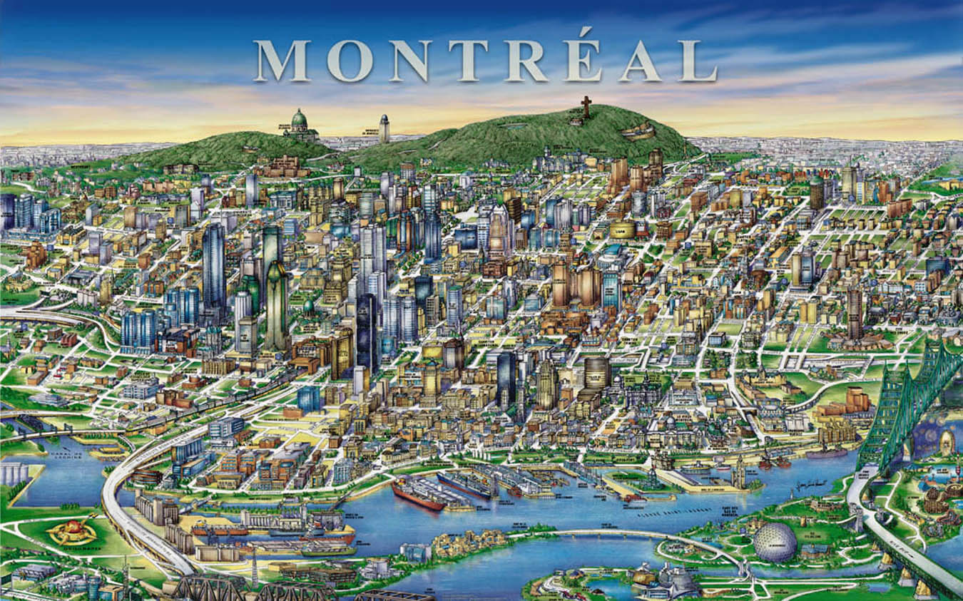 "Montréal". llustration à vol d’oiseau des quartiers adjacents à la montagne.