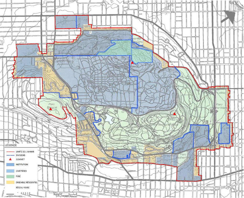 Carte des vocations et appropriations du territoire du site patrimonial du Mont-Royal.