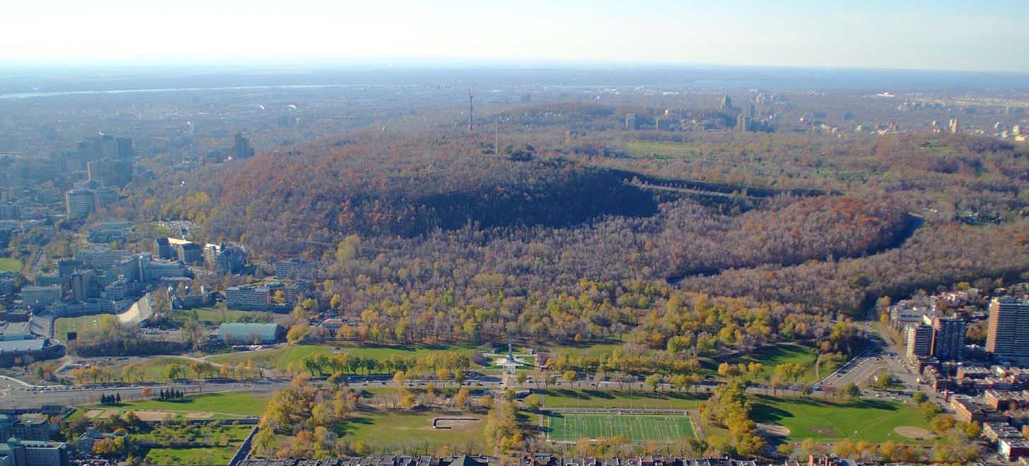 L’espace ouvert de la Côte Placide et du parc Jeanne-Mance avec le monument à sir George-Étienne Cartier.