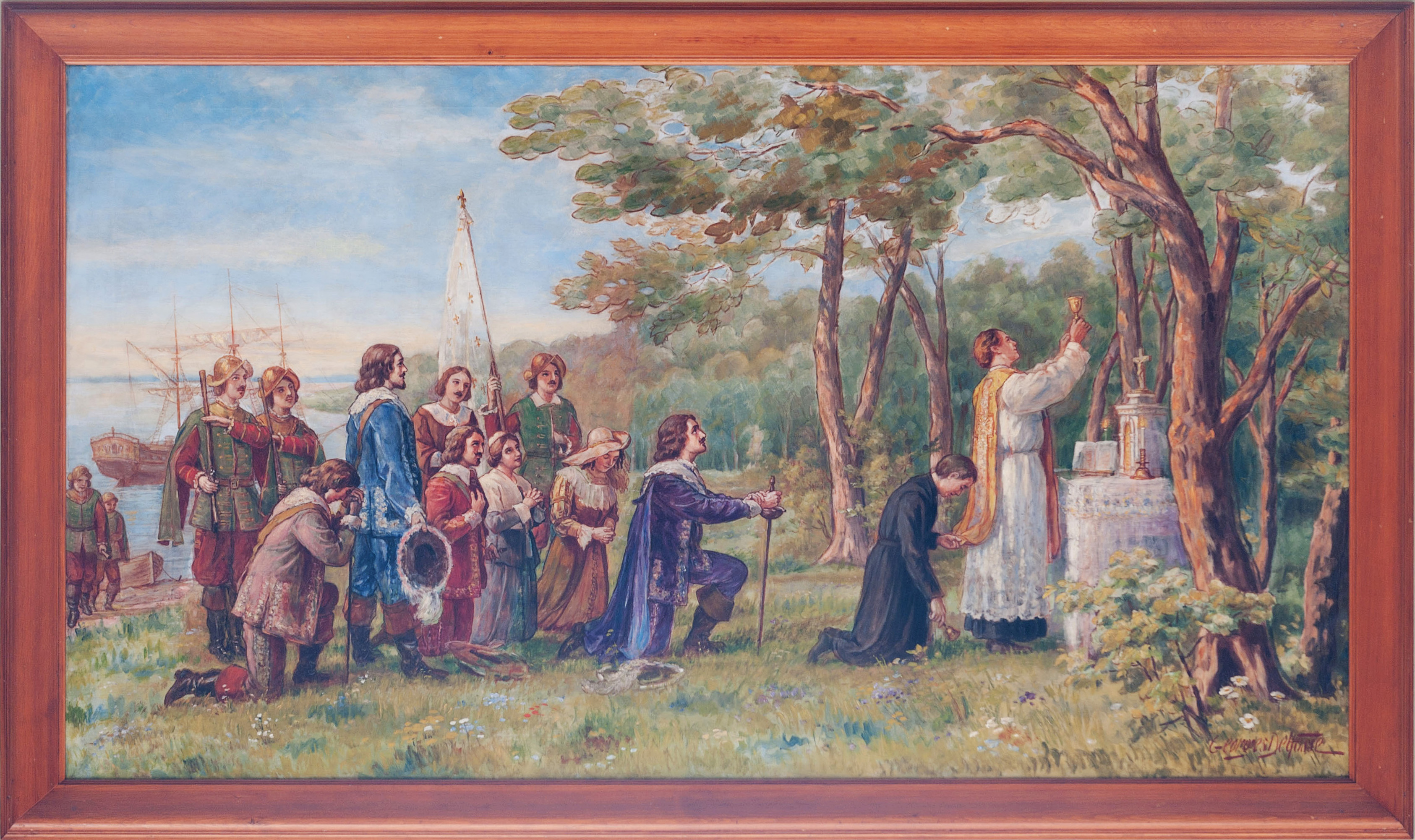 Georges Delfosse "Maisonneuve fonde la ville de Montréal le 18 mai 1642". 1931. Huile sur toile.