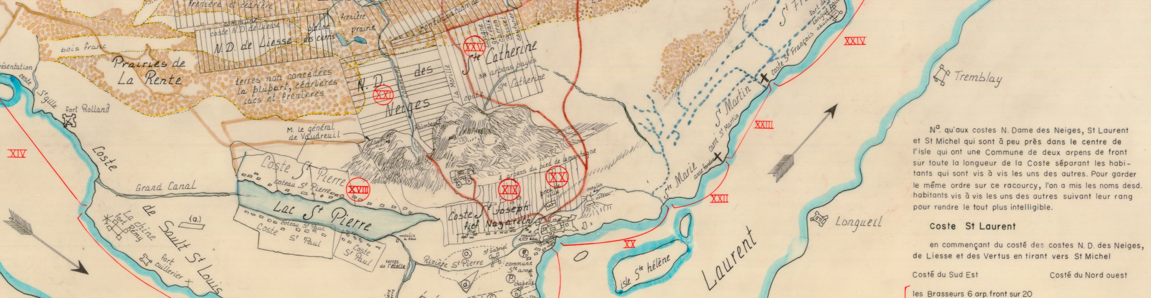 "L'Isle de Montréal divisée par costes... 1702". Le détail choisi sur cette carte montre les premières côtes ouvertes autour de la montagne.