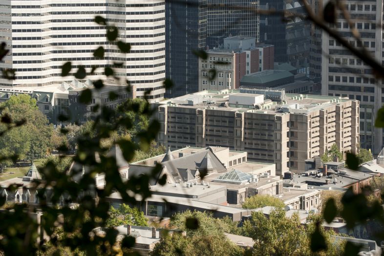 La bibliothèque McLennan vue du mont Royal. Photographie.