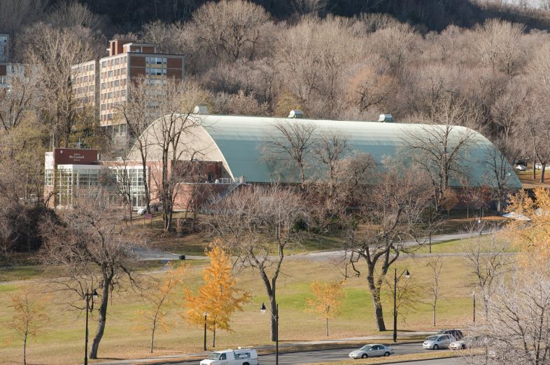 Le stade d’hiver McConnell dans son environnement, en bordure du parc du Mont-Royal. Photographie.