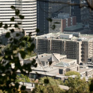 La bibliothèque McLennan vue du mont Royal. Photographie.